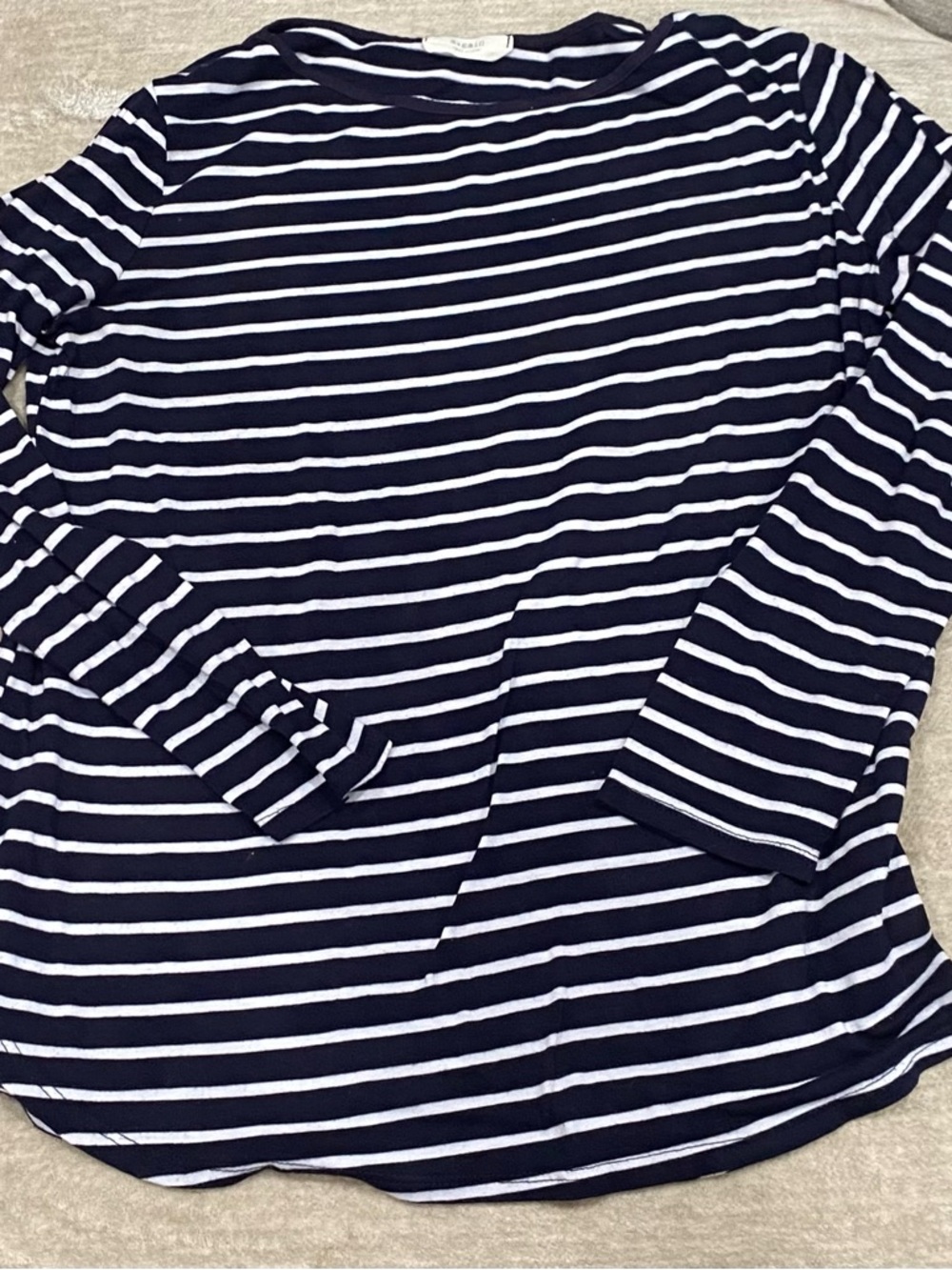 Women's Navy and White Striped Long-Sleeve Crewneck Top